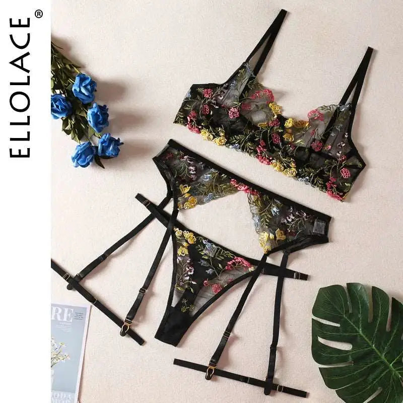 Wearables clothing 3-piece floral lace lingerie set