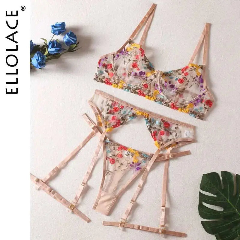 Wearables clothing 3-piece floral lace lingerie set