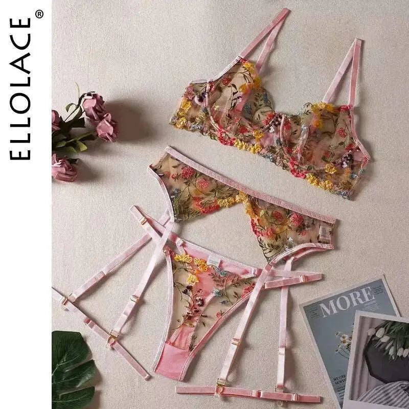 Wearables clothing 3-piece floral lace lingerie set