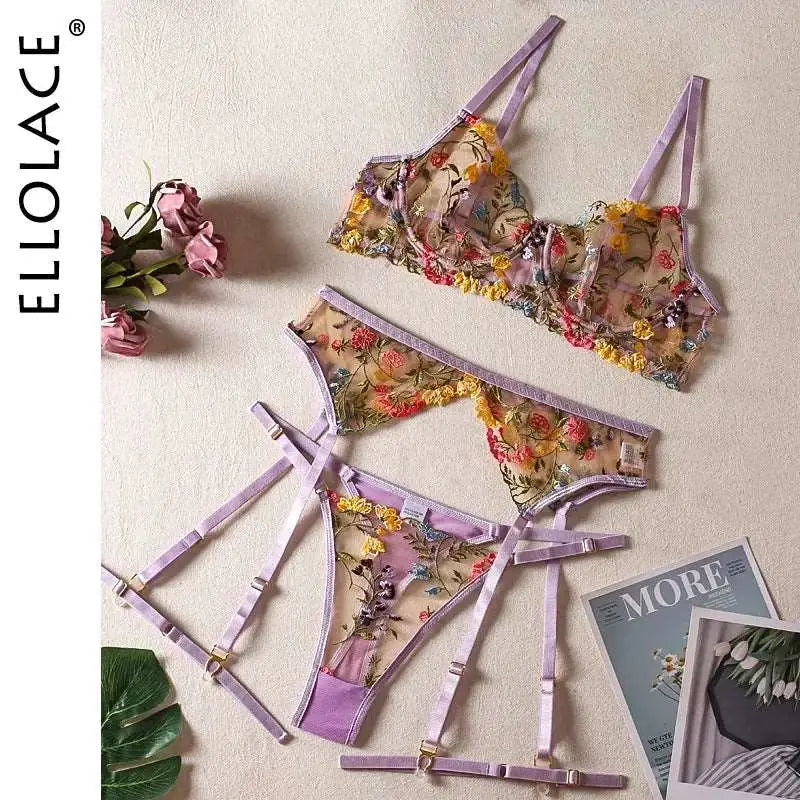 Wearables clothing 3-piece floral lace lingerie set