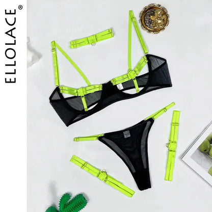 Wearables clothing 4-piece see-through lingerie set in neon