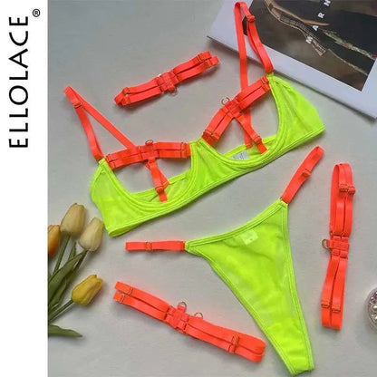 Wearables clothing 4-piece see-through lingerie set in neon