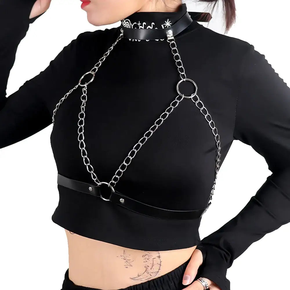 Wearables jewelry alloy chain & leather chest and hip