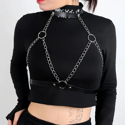 Wearables jewelry alloy chain & leather chest and hip