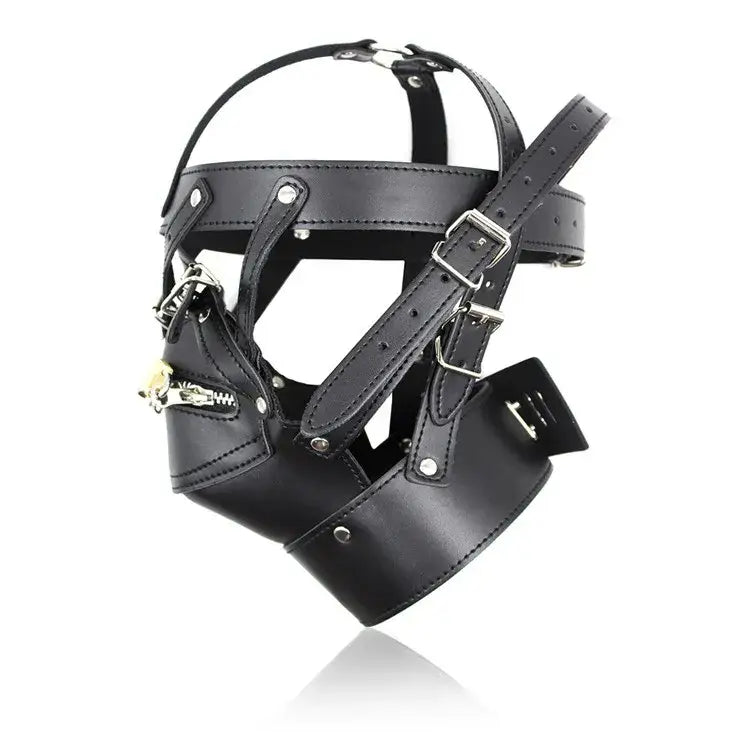 Wearables toy lockable head harness w/ mouth zipper