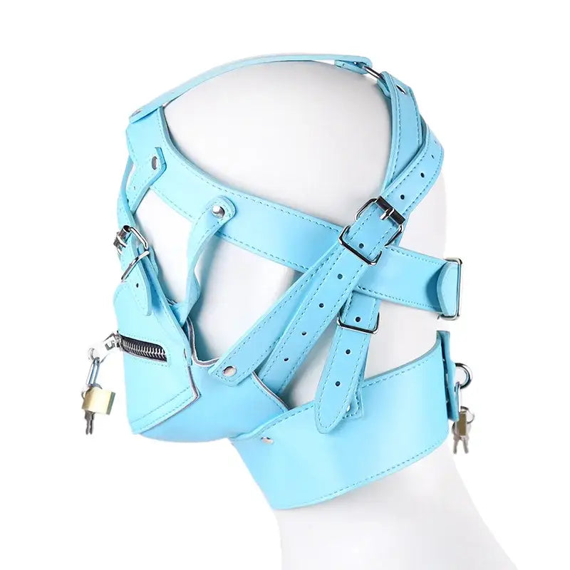 Wearables toy lockable head harness w/ mouth zipper