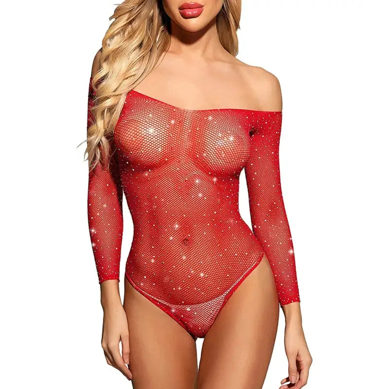 Lingerie clothing low neck longsleeve rhinestone fishnet