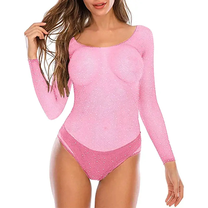 Lingerie clothing low neck longsleeve rhinestone fishnet