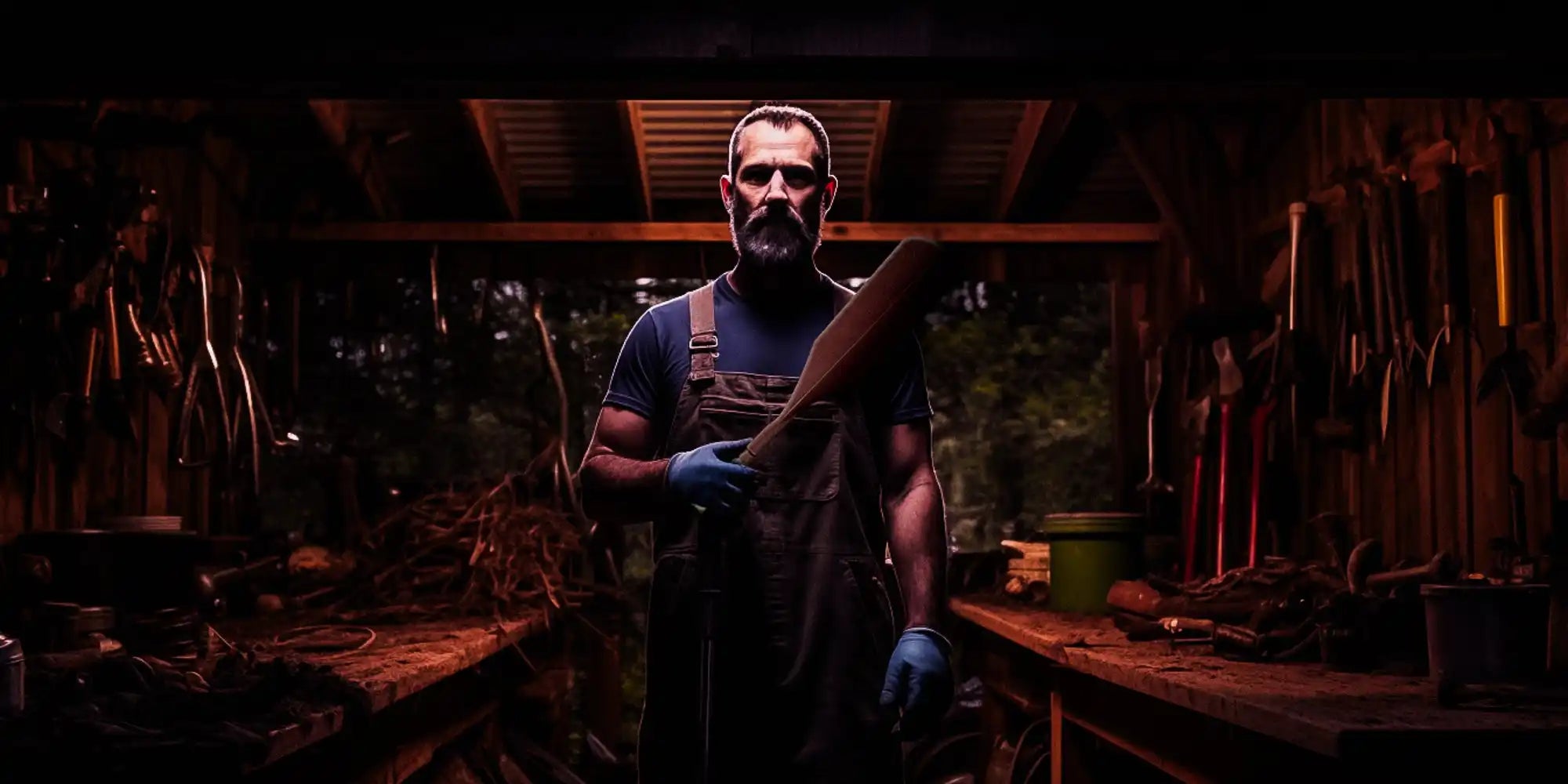 A person wearing a blue shirt and work apron while holding tools in a dimly lit environment.