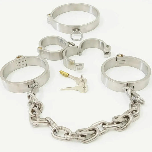 Bondage toy lockable stainless steel set with collar wrist