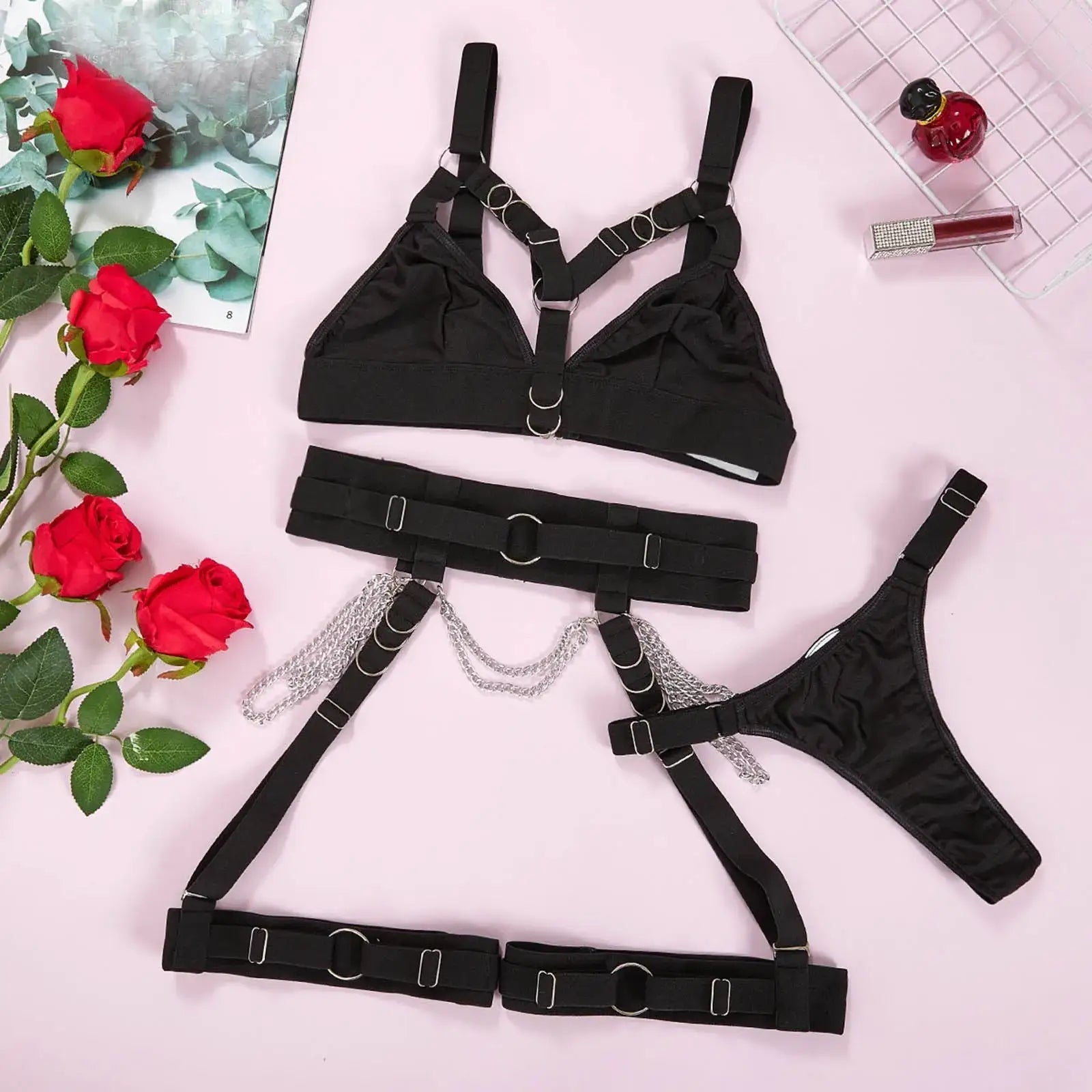 Lingerie clothing 4-piece harness style black seamless set